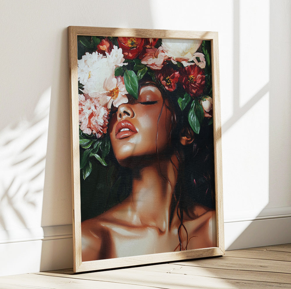 Woman with flowers wall art featuring large peonies and green leaves framing her face