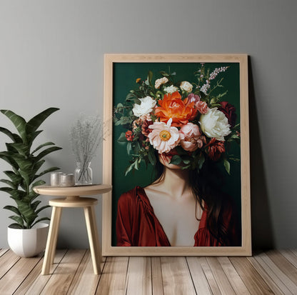 Woman with flowers wall art featuring red, orange, pink and white blooms on a dark green background