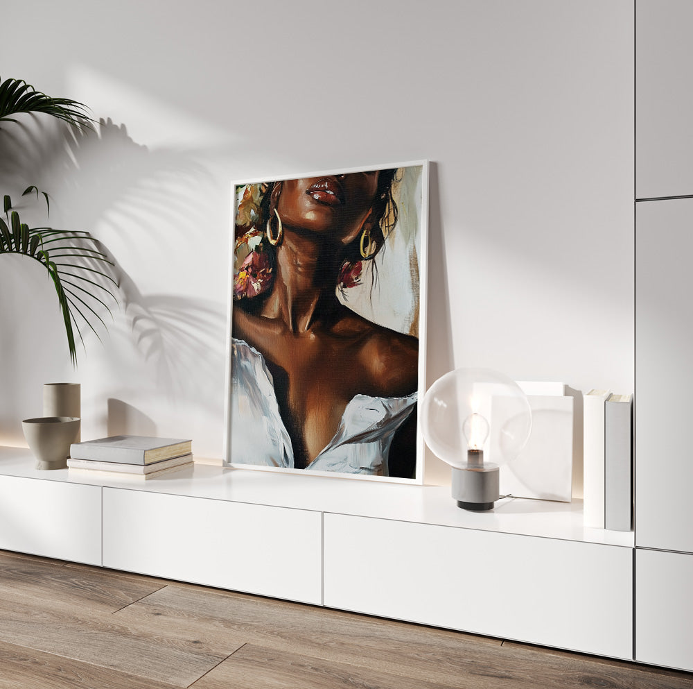 Woman with gold hoops art featuring an elegant female portrait in a white off shoulder top