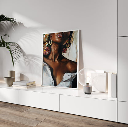 Woman with gold hoops art featuring an elegant female portrait in a white off shoulder top