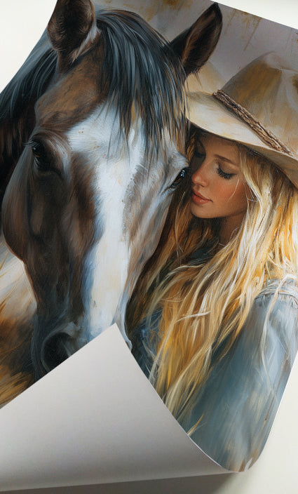 Woman with horse wall art featuring a feminine western portrait in warm earthy colors