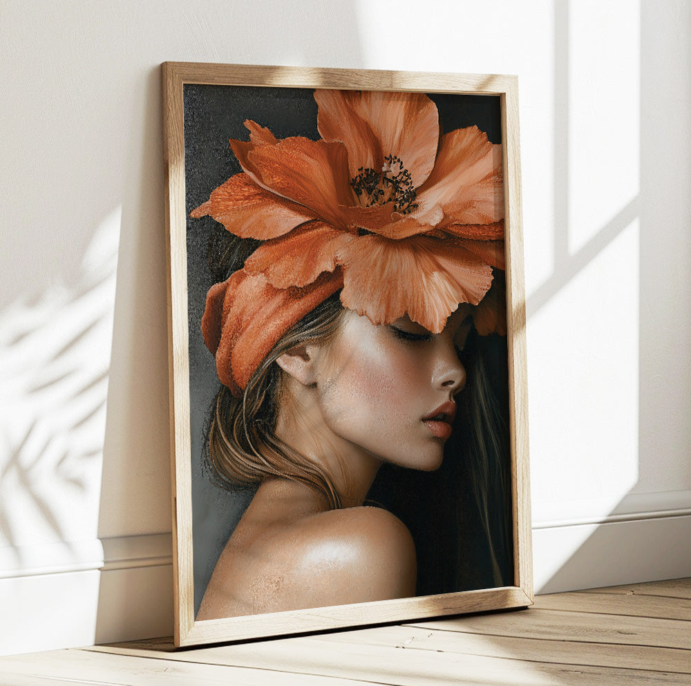 Woman with orange flower wall art featuring a feminine portrait with an oversized bloom covering her eyes