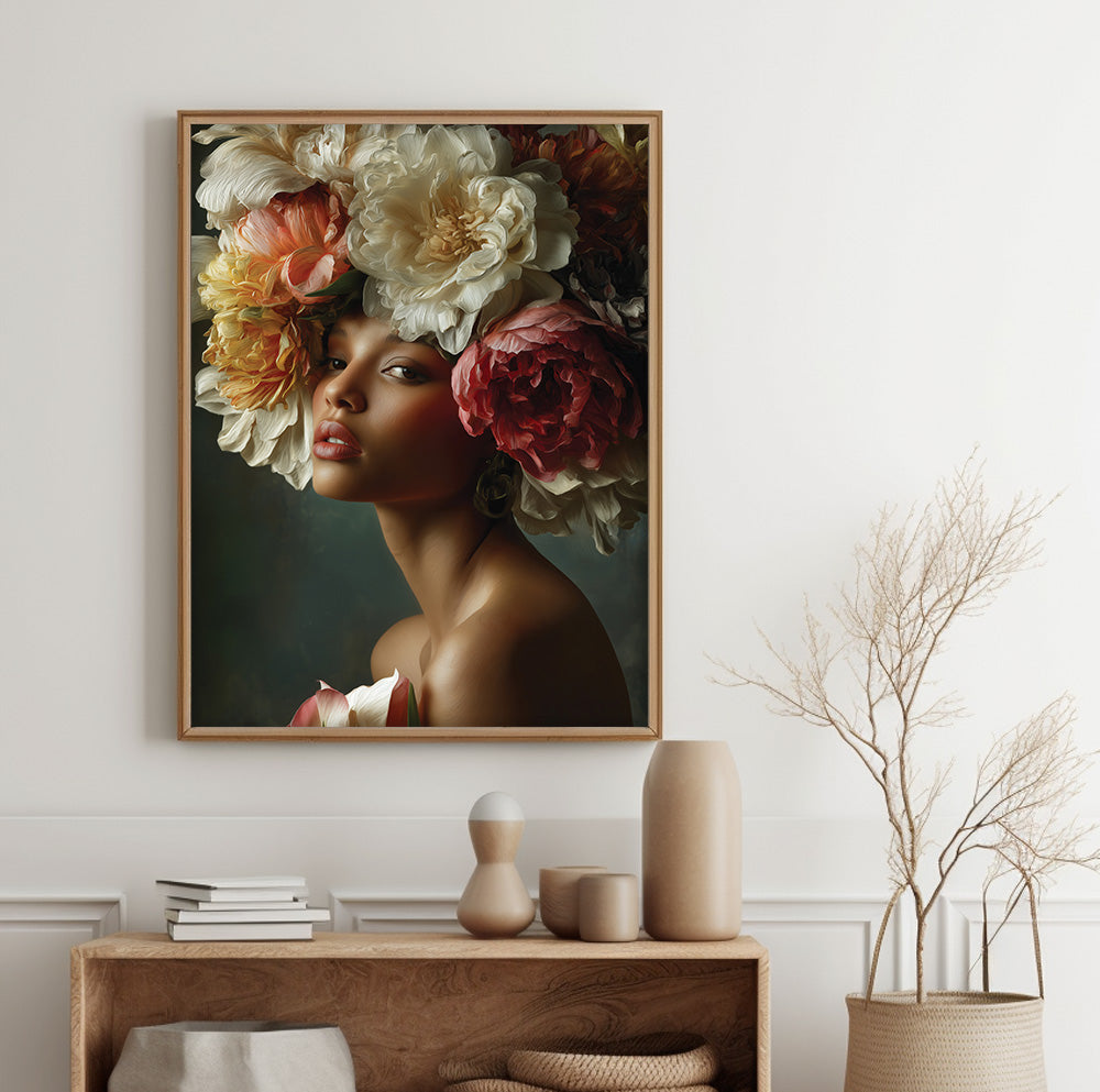Woman with oversized flowers art featuring dramatic cream, yellow, coral and deep red blooms