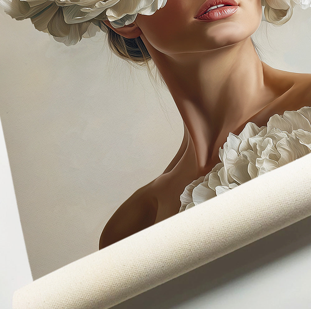 Woman with peonies art print featuring a feminine portrait with oversized white floral details