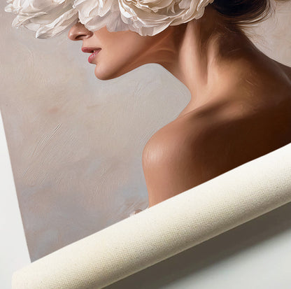 Woman with peonies art print featuring a side profile surrounded by lush ivory floral blooms