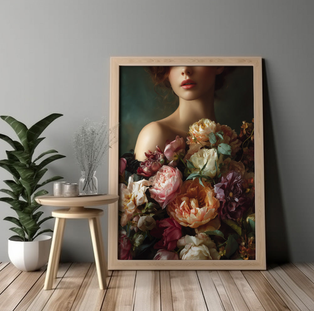 Woman with peonies portrait art featuring abundant cream, pink, burgundy and peach flowers