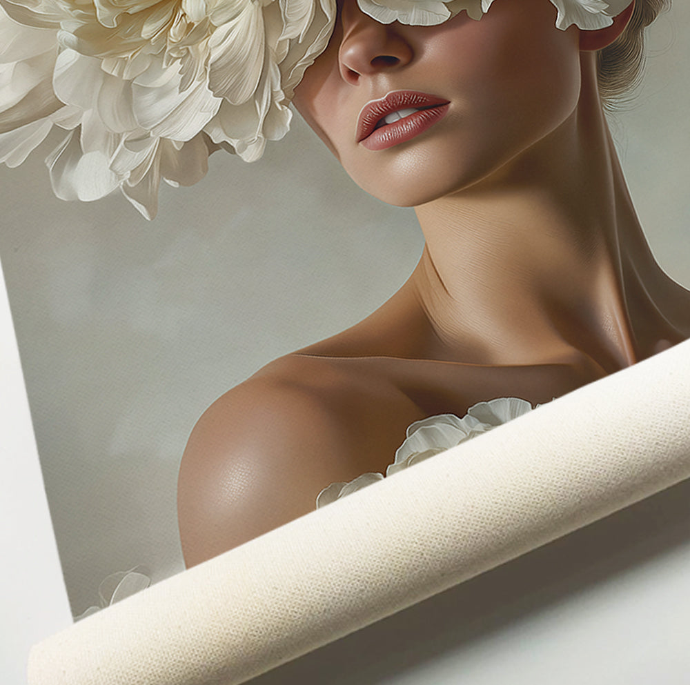 Woman with peonies portrait art featuring oversized ivory blooms and a soft neutral color palette