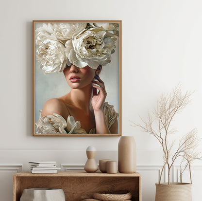 Woman with peonies wall art featuring oversized ivory blooms and an elegant female figure