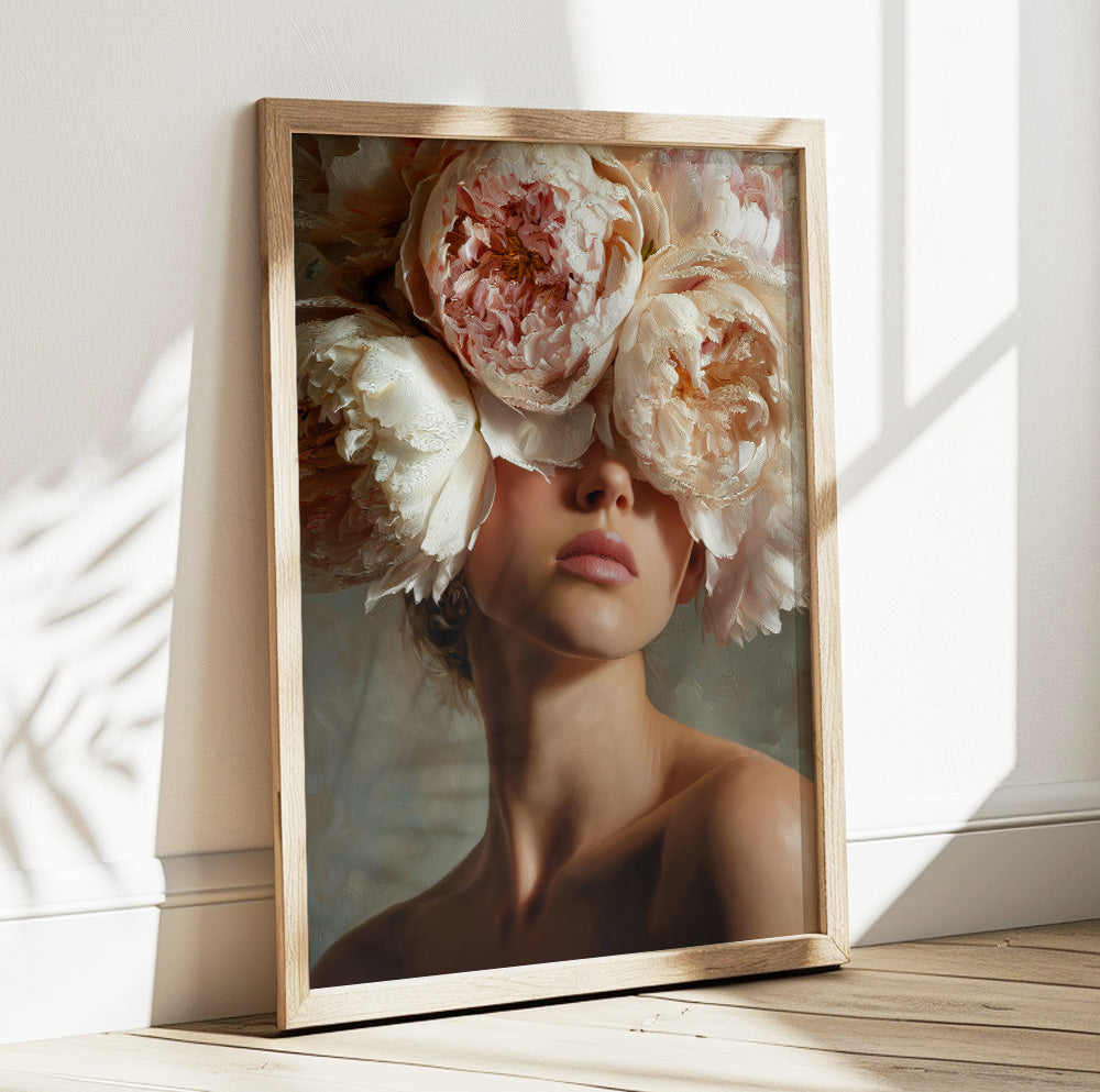 Woman with peonies wall art featuring oversized blush and ivory flowers covering her eyes