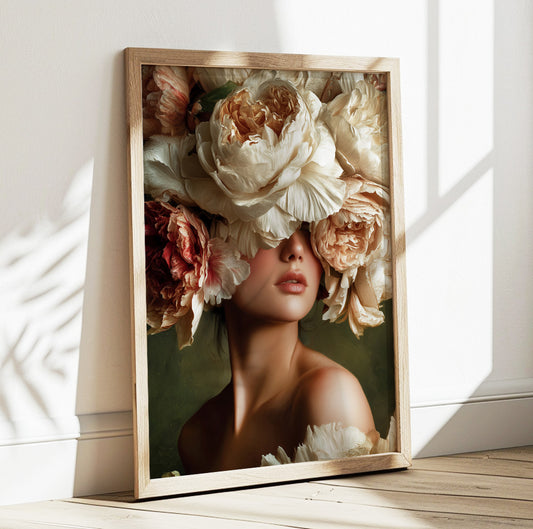 Woman with peonies wall art featuring oversized ivory and blush flowers covering her eyes