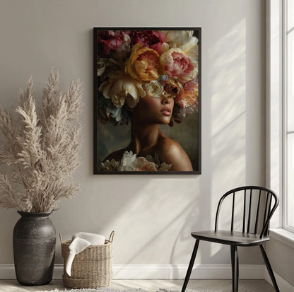 Woman with peonies wall art featuring a dramatic portrait surrounded by oversized colorful flowers