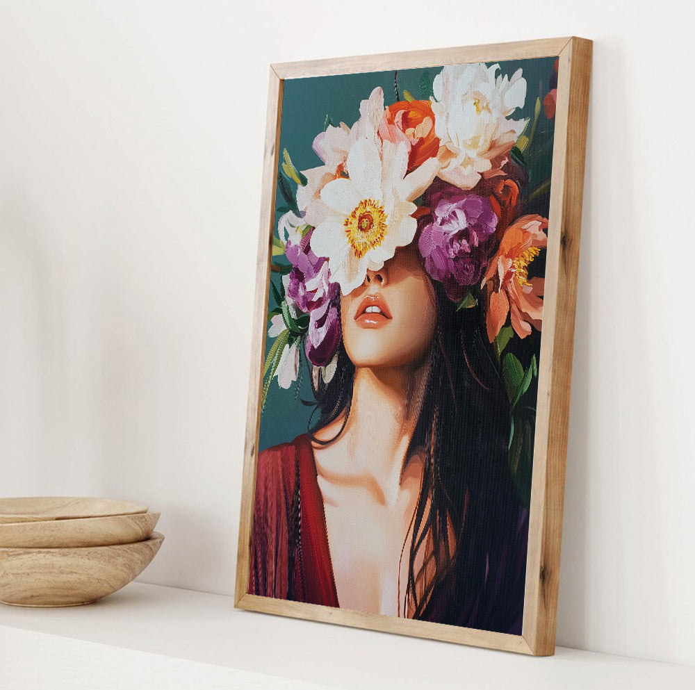 Woman with peonies wall art featuring white, purple and orange flowers arranged dramatically around her face
