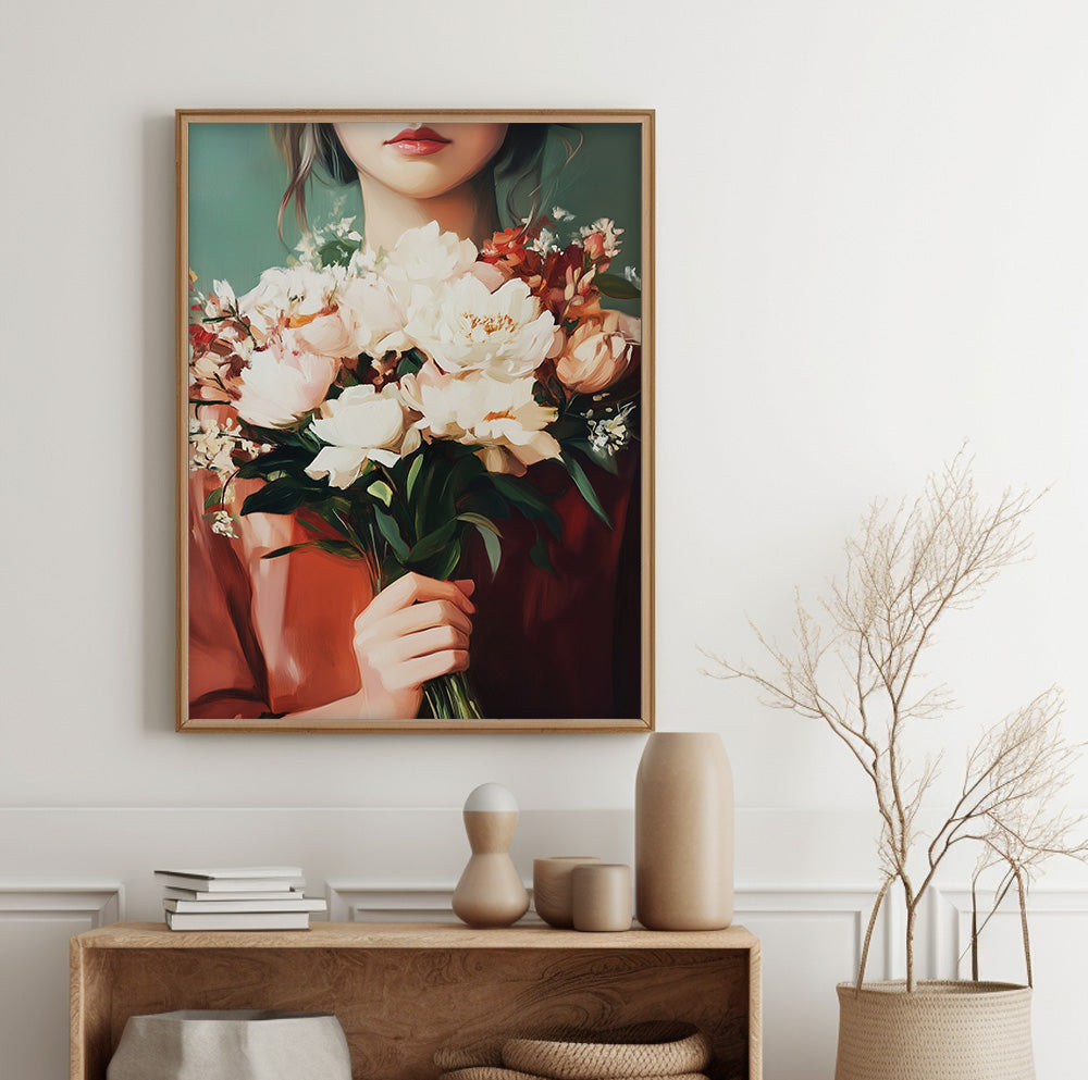Woman with peony bouquet art featuring oversized white blooms and dark green foliage