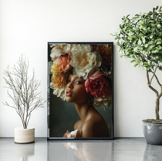 Woman with peony crown wall art featuring oversized cream, coral and burgundy flowers around her face