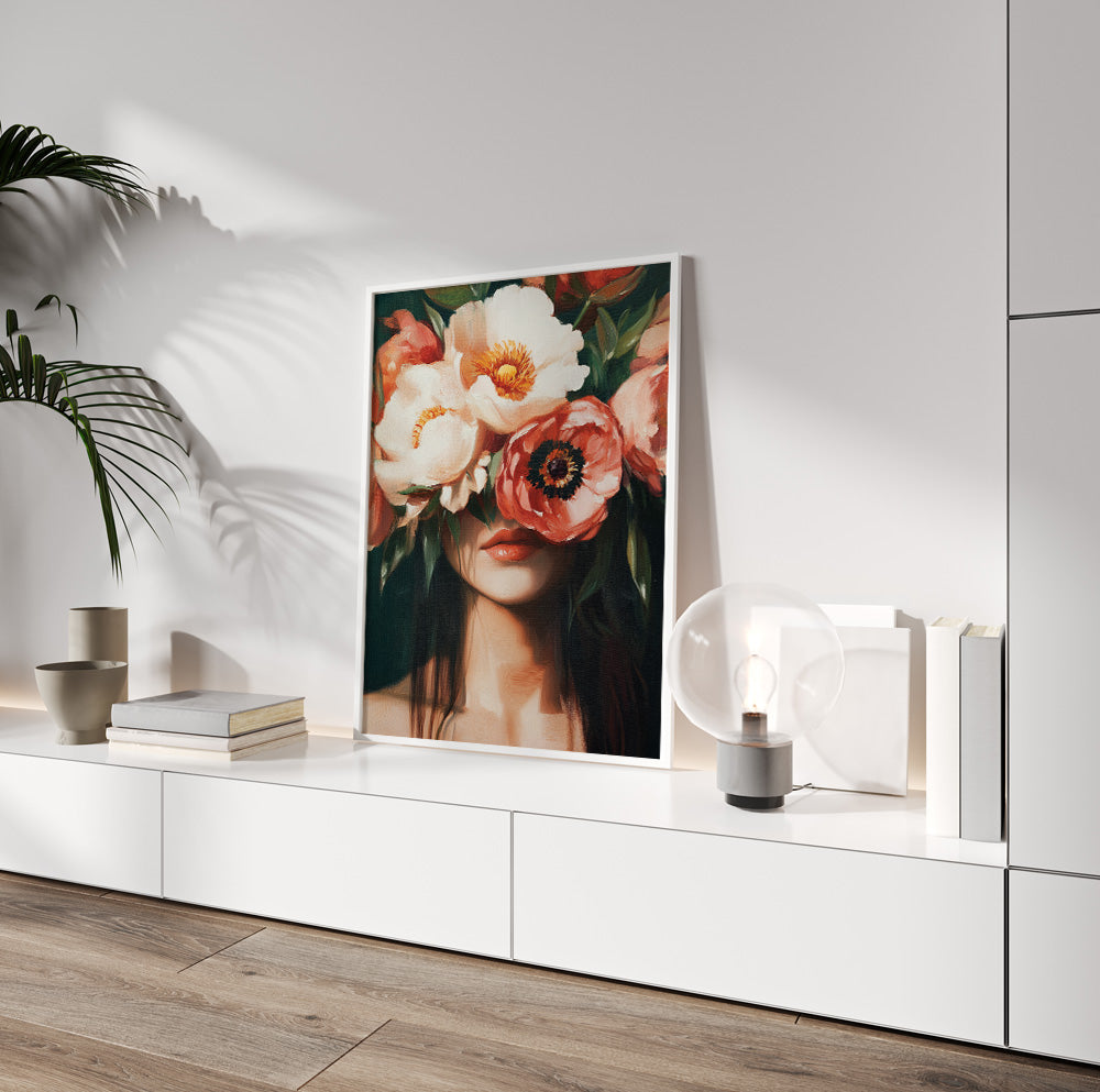 Woman with poppies portrait art featuring large coral and ivory flowers dramatically covering her eyes