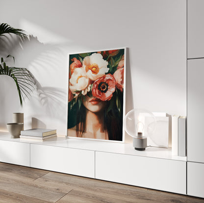 Woman with poppies portrait art featuring large coral and ivory flowers dramatically covering her eyes