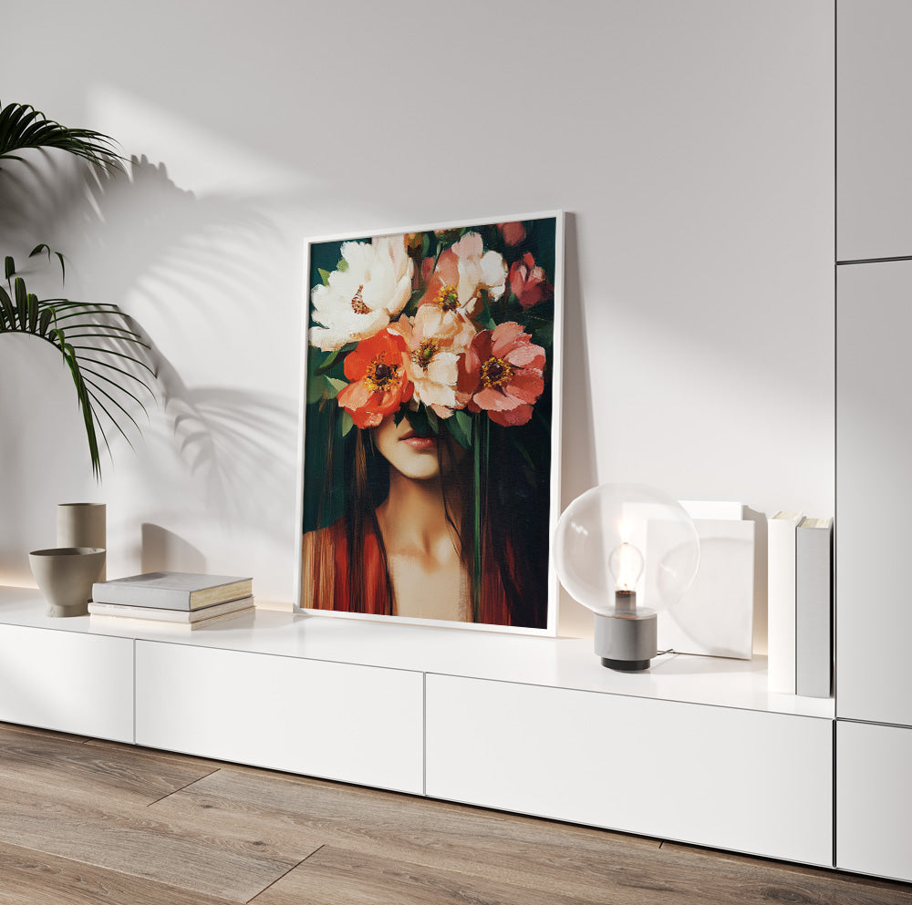 Woman with poppies wall art featuring colorful white, coral and peach flowers covering the upper face