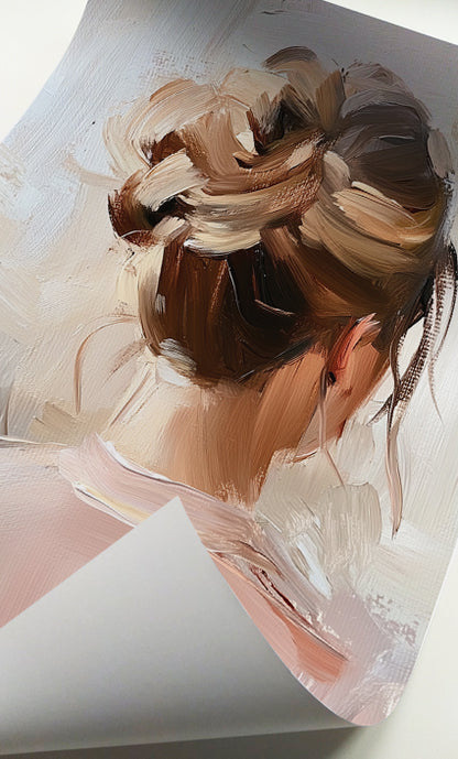 Woman with updo art print featuring an elegant brunette hairstyle with expressive brushstrokes