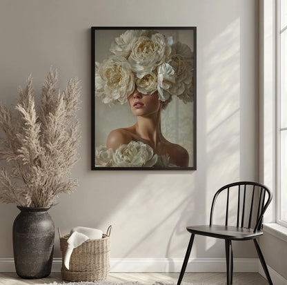 Woman with white flowers portrait featuring large cream peonies arranged dramatically around her face