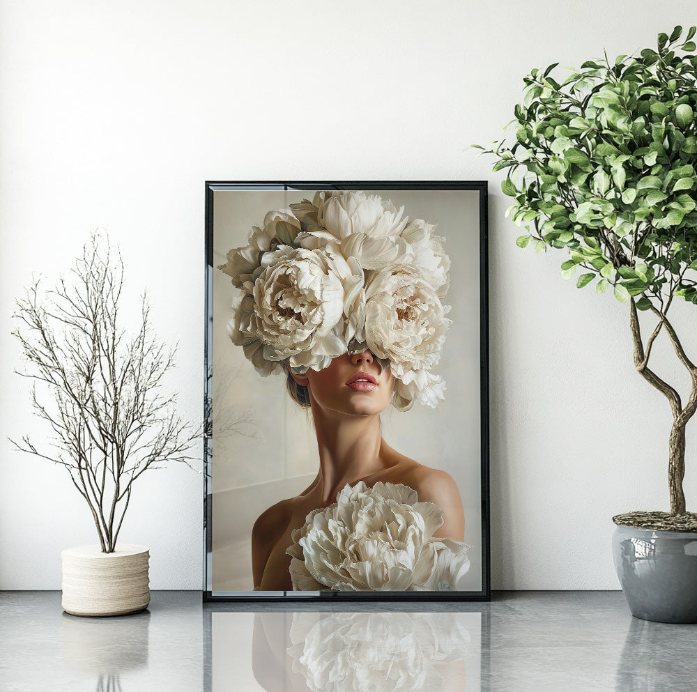 Woman with white flowers wall art featuring an elegant female portrait surrounded by oversized ivory blooms