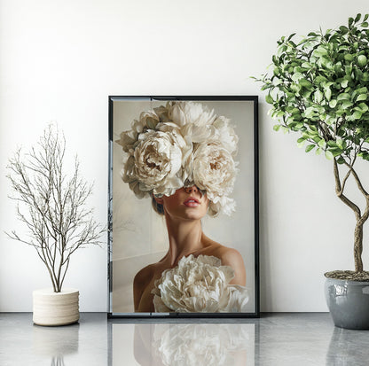 Woman with white flowers wall art featuring an elegant female portrait surrounded by oversized ivory blooms
