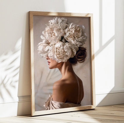 Woman with white flowers wall art featuring an elegant side profile surrounded by oversized ivory blooms