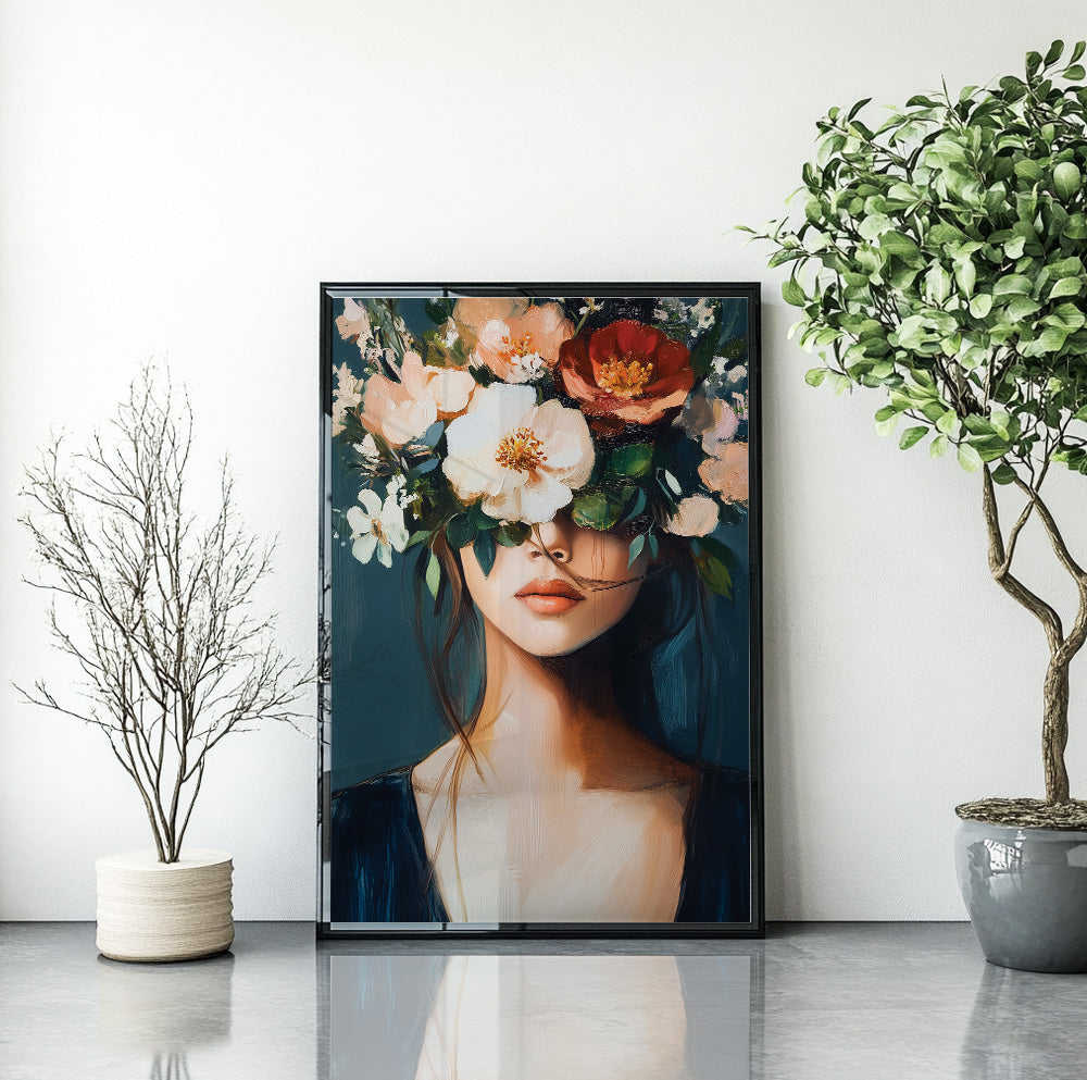 Woman with white flowers wall art featuring oversized cream and red blooms covering her eyes