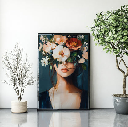 Woman with white flowers wall art featuring oversized cream and red blooms covering her eyes