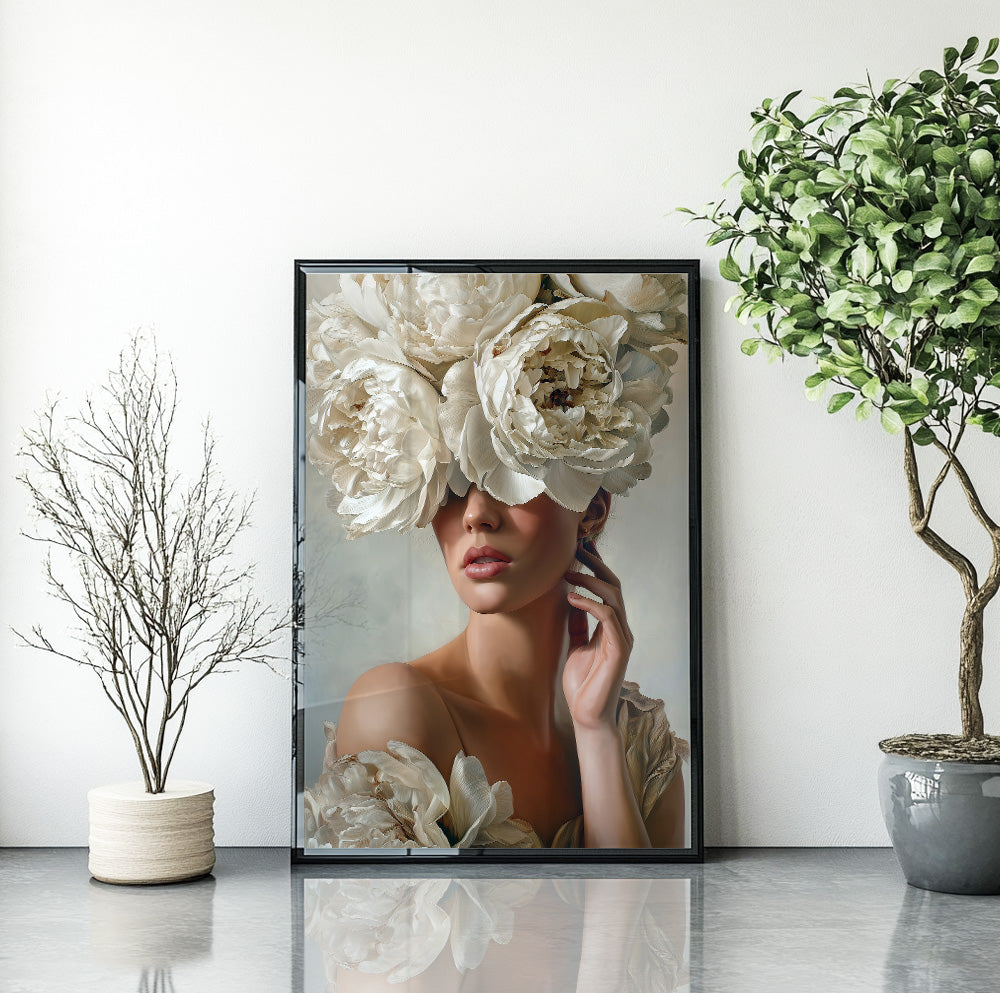Woman with white flowers wall art featuring an elegant female portrait with oversized ivory blooms covering her eyes