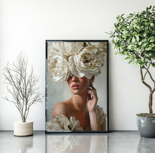 Woman with white flowers wall art featuring an elegant female portrait with oversized ivory blooms covering her eyes