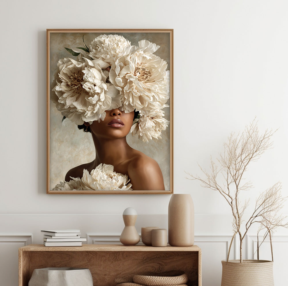 Woman with white peonies wall art featuring oversized ivory blooms in a soft neutral palette