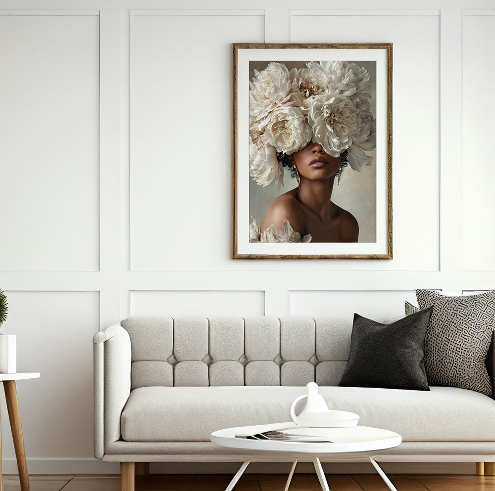 Woman with white peonies wall art featuring dramatic ivory blooms in a soft neutral palette