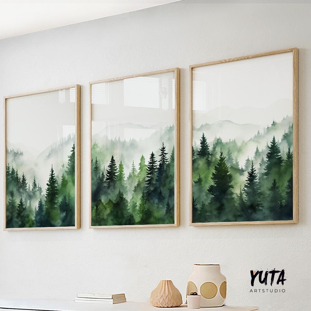 Mountain wall art set of 3 prints. Modern greenery mountain landscape gallery wall set. Nature 3 piece nordic abstract wall art