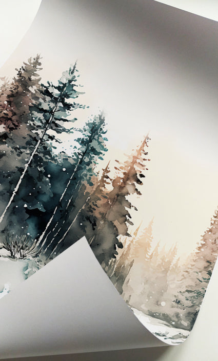 Scandinavian watercolor woodland wall art in neutral colors