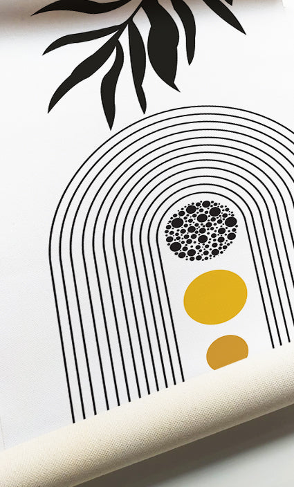 Mid-Century gallery wall featuring abstract arches, circles, and yellow geometric shapes