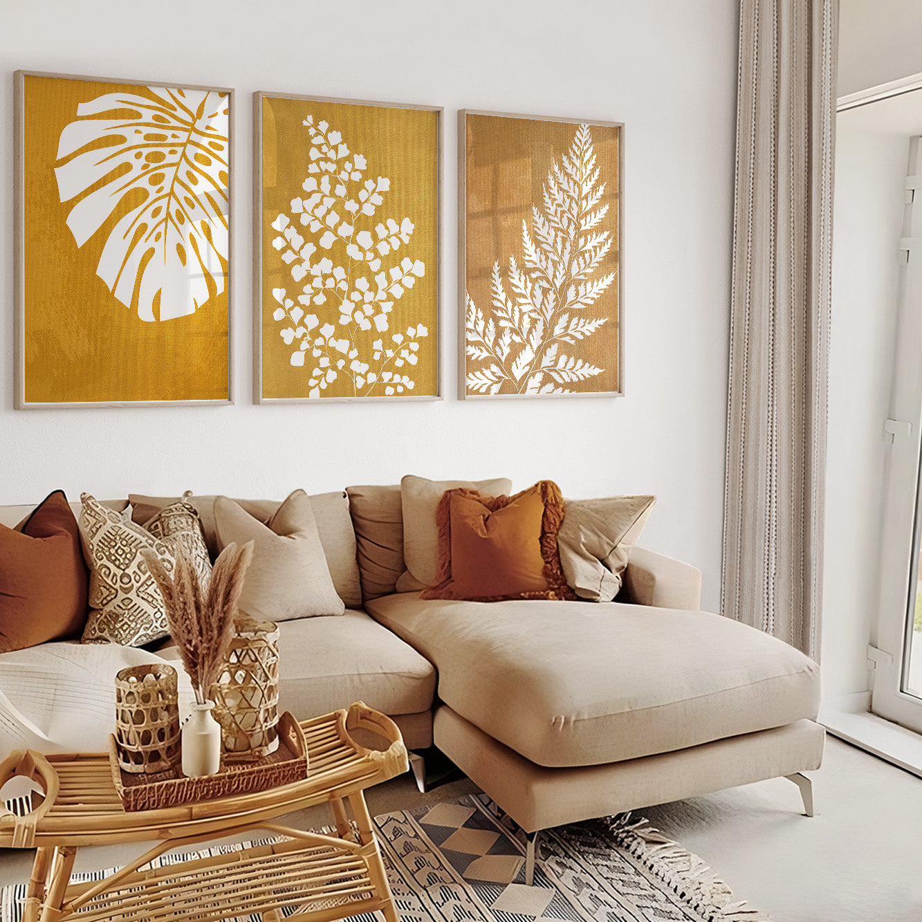 Botanical gallery wall in mustard yellow featuring tropical leaves and delicate foliage
