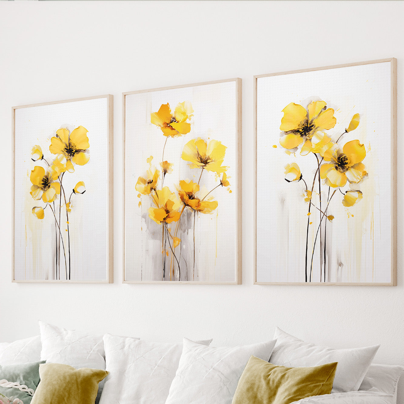 Yellow floral wall art set of 3 featuring modern abstract botanical flowers