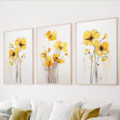 Yellow floral wall art set of 3 featuring modern abstract botanical flowers