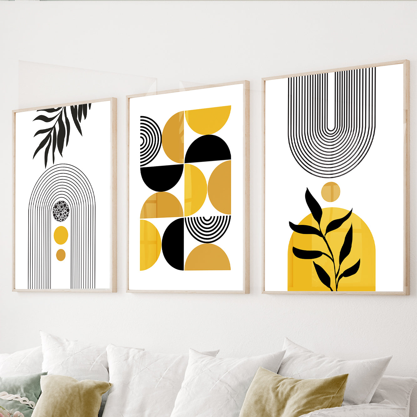 Yellow geometric wall art set of 3 featuring minimalist arches, botanical silhouettes, and abstract shapes
