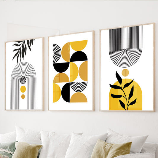 Yellow geometric wall art set of 3 featuring minimalist arches, botanical silhouettes, and abstract shapes