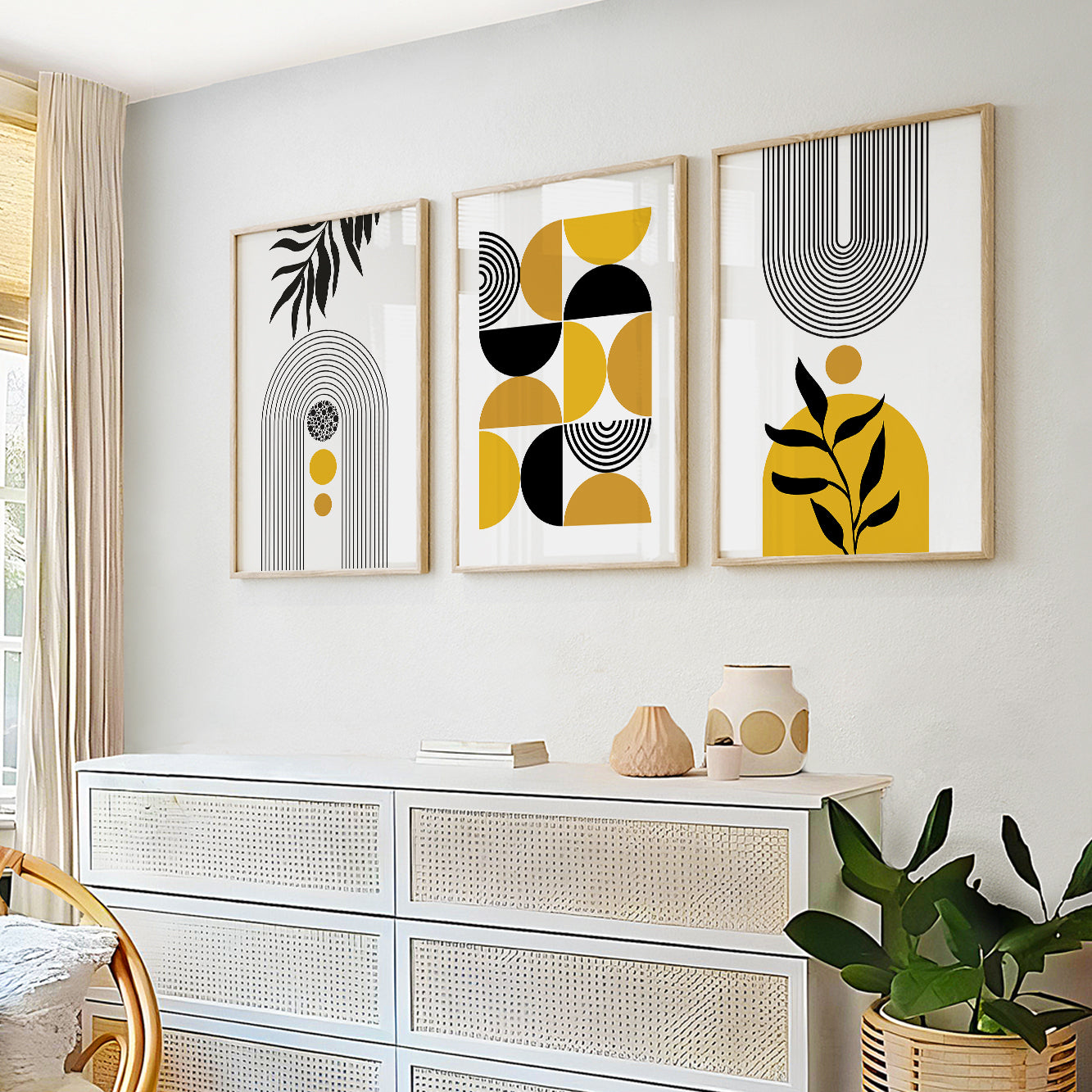 Mid-Century abstract wall art with mustard yellow geometric forms and bold graphic compositions