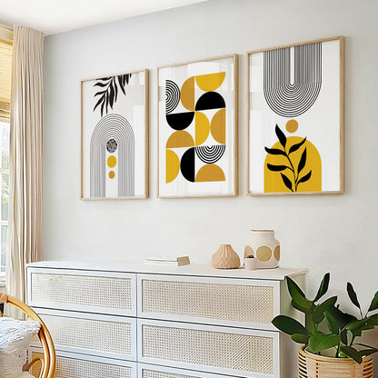 Mid-Century abstract wall art with mustard yellow geometric forms and bold graphic compositions